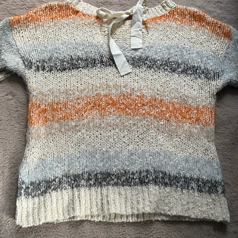 Anthropologie Meadow Rue Kennedy Fuzzy Knit Stripe Back Bow Sweater sz M Orange - Picture 9 of 11